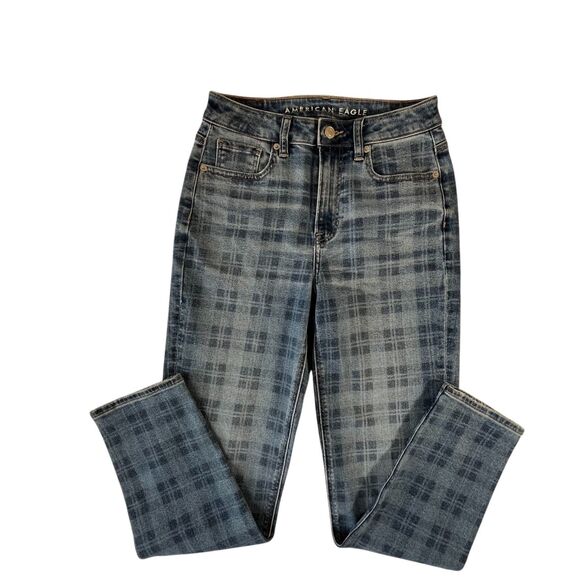 American Eagle Jeans Women 0 Blue Plaid Skinny Mid Rise Stretch (W22 L27) - Picture 7 of 15